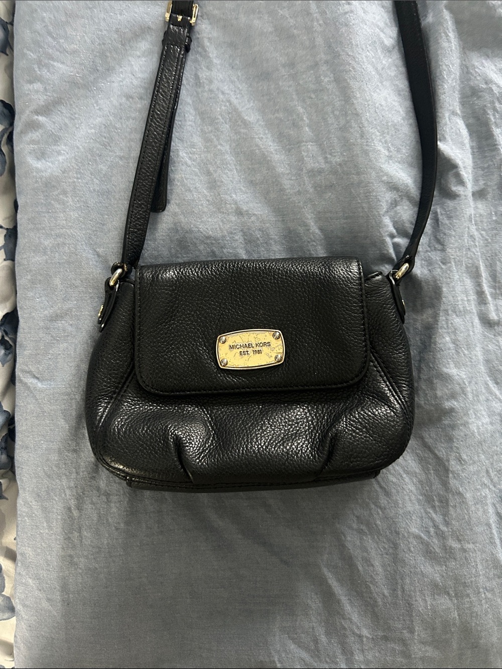 Michael Kors Black Pebbled Leather Crossbody with Gold Plate